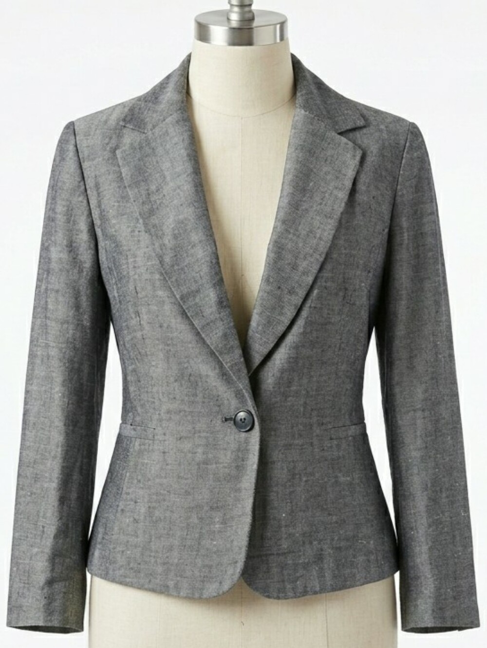 Classic Tailored Gray Chambray Linen Cotton Blazer Hourglass Professional Size M